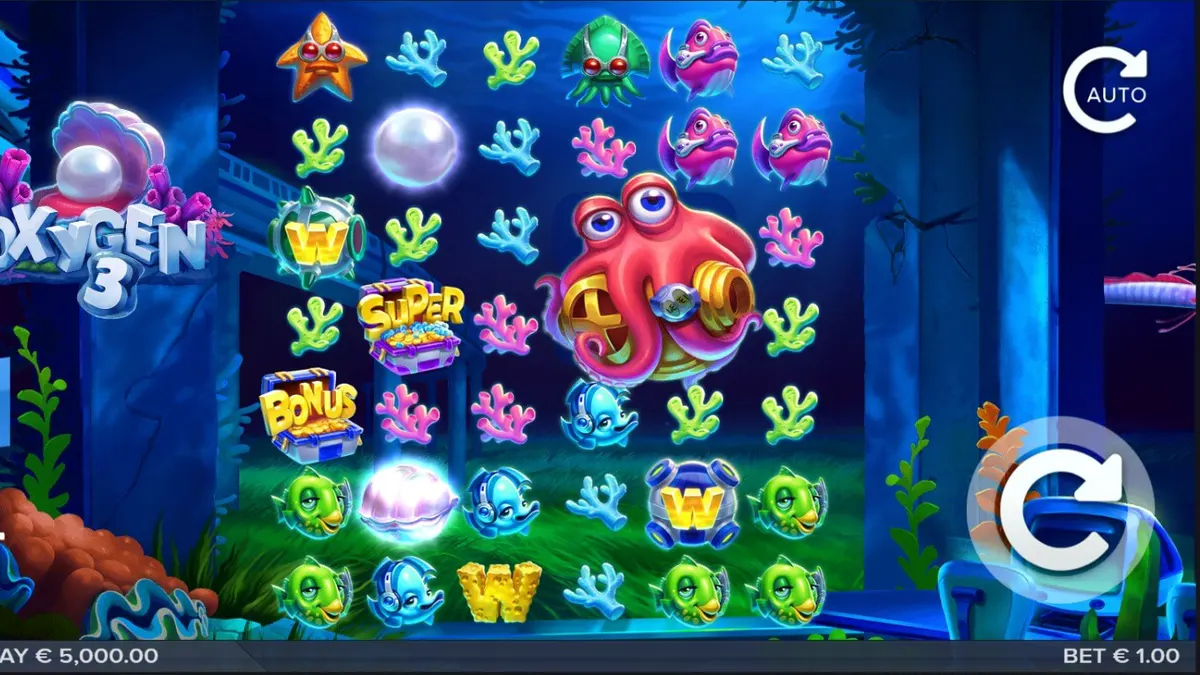 Interface do jogo de slot Oxygen 3 com elementos subaquáticos e mecânicas de cluster