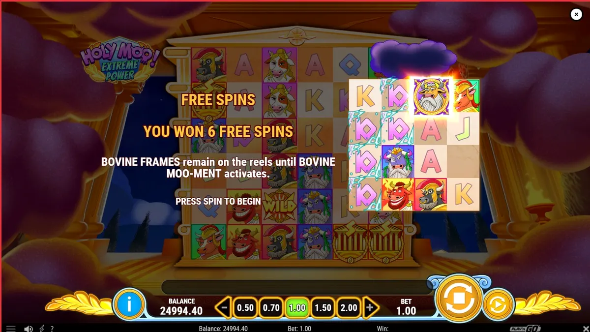 Interface do jogo Holy Moo! Extreme Power com personagens bovinos temáticos