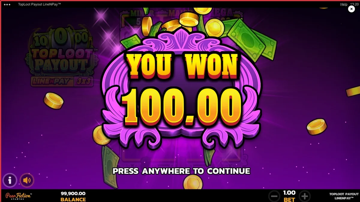 Interface do slot TopLoot Payout LineNPay com tema de tesouros e cofres